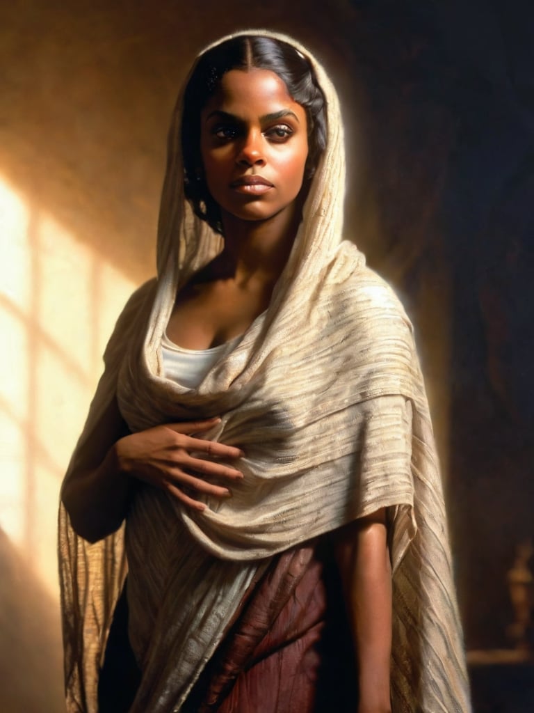 Soft focus. Hyper-realistic, highest resulution possible, side light, full length portrait, a beautiful girl with brown skin, wears a shawl,
 face lit by reflected light, she is strong and beautiful.   style of Frazetta, masterpiece