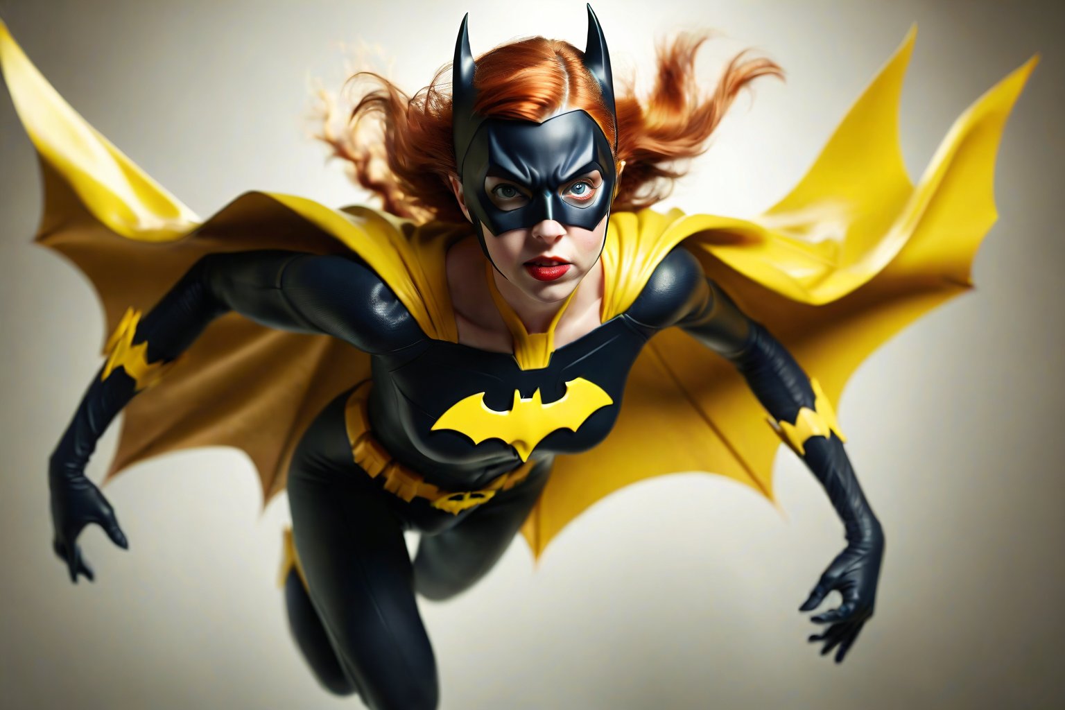 surrealistic,, photorealism, perfect skin texture, Rembrandt light, soft focus, full figure, Flying Batgirl.  low contrast.
High detailed ,Color magic,Saturated colors,Color saturation ,DonMW15pXL