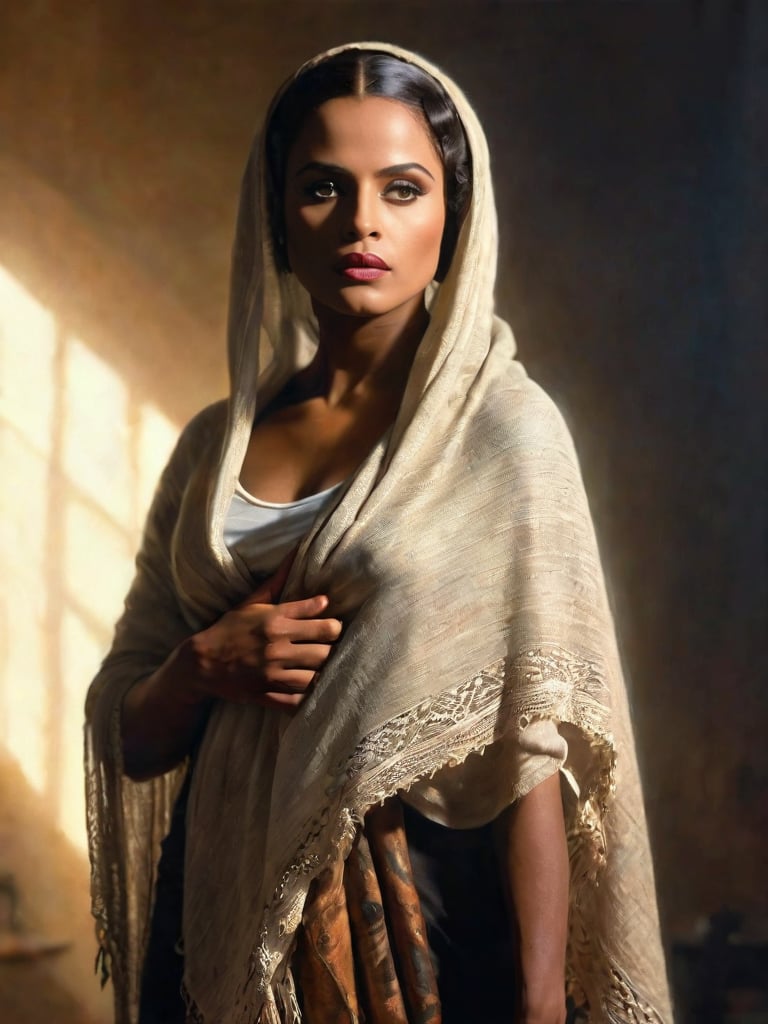 Soft focus. Hyper-realistic, highest resulution possible, side light, full length portrait, a beautiful girl with brown skin, wears a shawl,
 face lit by reflected light, she is strong and beautiful.   style of Frazetta, masterpiece