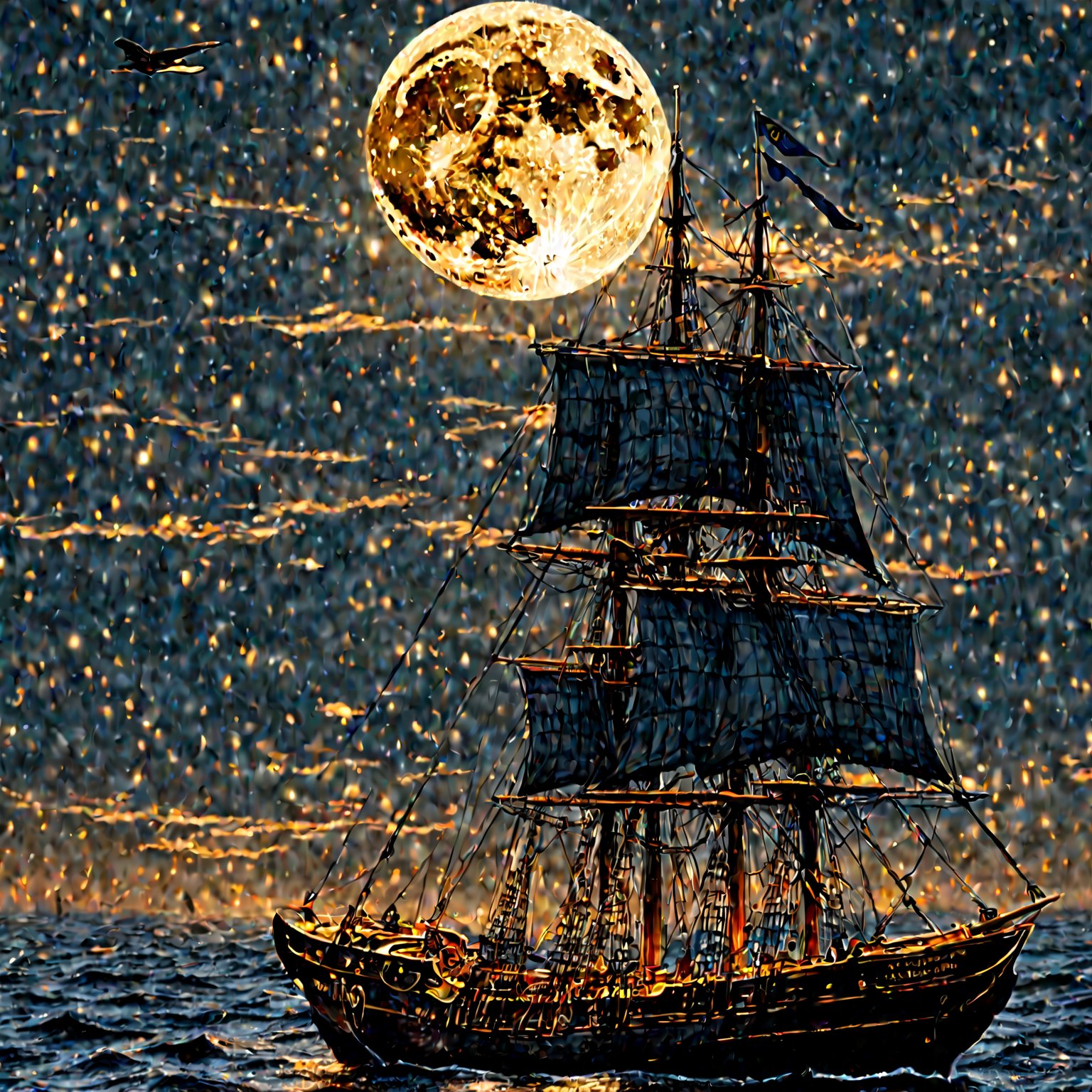 hyper realistic, photographic, Please extrapolate an image from the following lyrics, 
"See her how she flies.
Golden sails across the sky.
Close enough to touch, but
careful if you try, 
though she looks as warm as gold.
The moon's a harsh mistress.
She's hard to call your own."