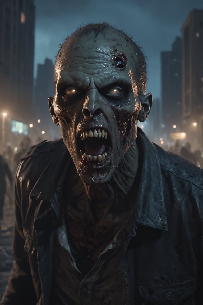 photography, walking death zombies, he looks towards the camera, scream, open mouth, aggressive, walking towards a city, 
portrait: 8k resolution photorealistic masterpiece: 8k resolution concept art intricately detailed, zombie city at night background, intricate, sharp focus,  professional, unreal engine, extremly detailed, cinematic lighting, aesthetic, Detailedface, Movie Still,photo r3al,HellAI