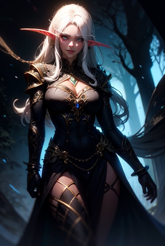 night elf woman,white hair, dark forest, 
beautiful woman portrait: 
8k resolution photorealistic masterpiece: 
8k resolution concept art intricately detailed, 1girl, 25 years old, stunning beautiful face, genuin smilelovely face, blue-brown eyes, beautifull,, complex, elegant, expansive, fantastical, style, Movie Still,r1ge,nightelf