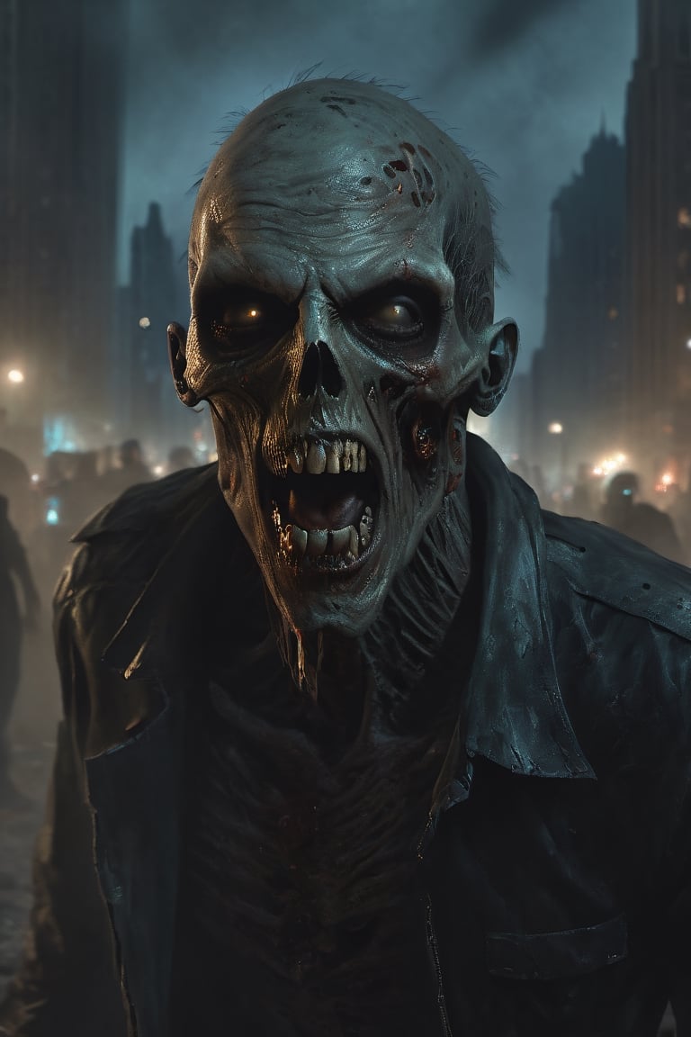 photography, walking death zombies, he looks towards the camera, scream, (open mouth:1.3), aggressive, walking towards a city, 
portrait: 8k resolution photorealistic masterpiece: 8k resolution concept art intricately detailed, zombie city at night background, intricate, sharp focus,  professional, unreal engine, extremly detailed, cinematic lighting, aesthetic, Detailedface, Movie Still,photo r3al,HellAI,DonMn1ghtm4reXL