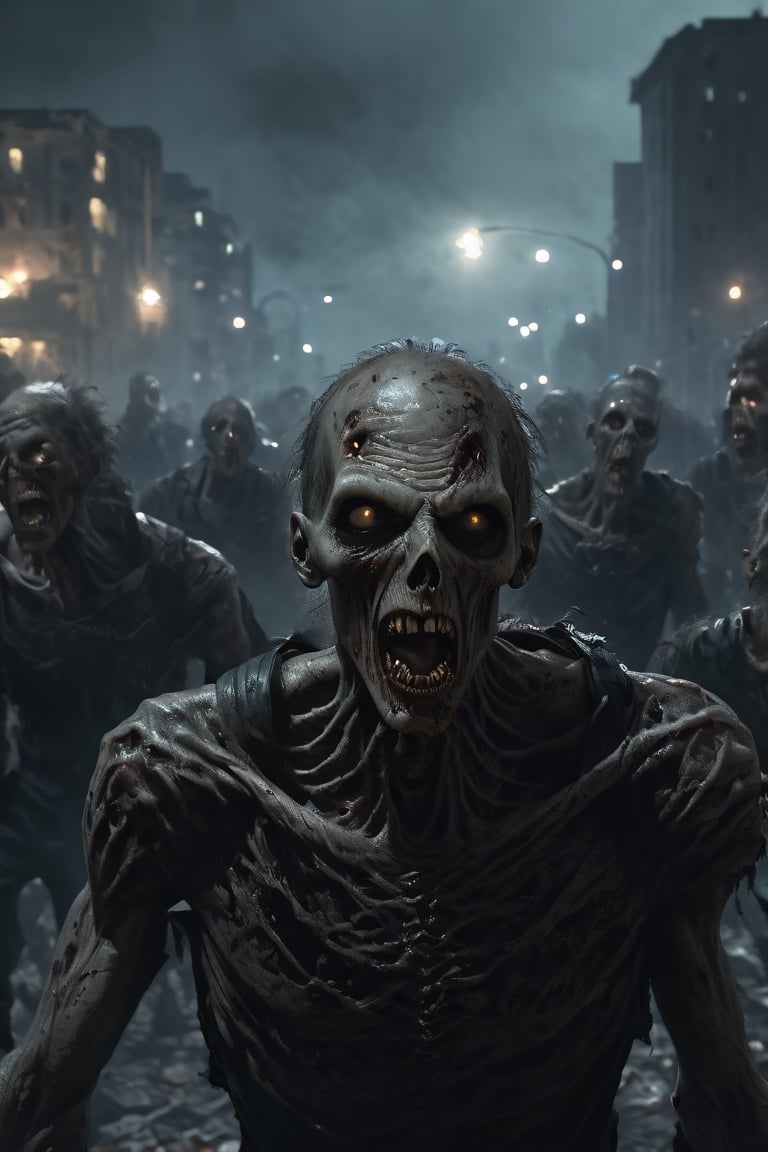 photography, walking death zombies, he looks towards the camera, scream, open mouth, aggressive, walking towards a city, 
portrait: 8k resolution photorealistic masterpiece: 8k resolution concept art intricately detailed, zombie city at night background, intricate, sharp focus,  professional, unreal engine, extremly detailed, cinematic lighting, aesthetic, Detailedface, Movie Still,photo r3al,HellAI