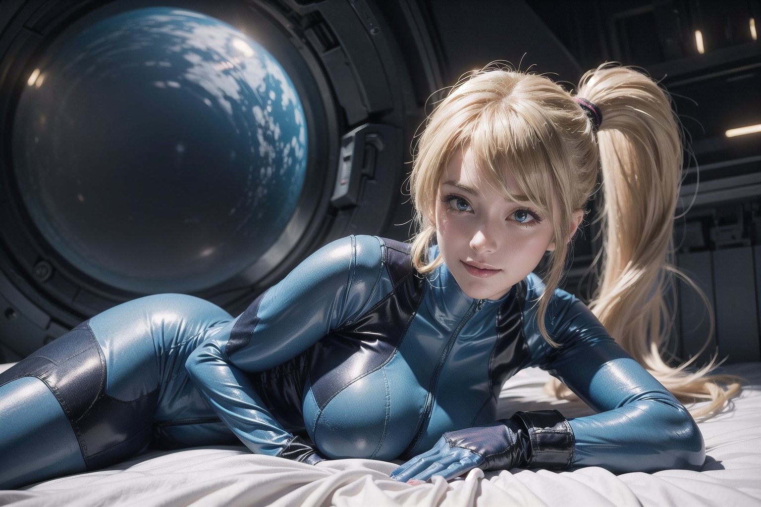 masterpiece,( (seperate boobs)),best quality, samus aran, ponytail, wristband, toned body, no stitch pattern, looking at viewer, smile, futuristic building interior, samus aran, large breasts , undersized clothes,ponytail, skin tight outfit, hair tie, blue gloves,blue bodysuit, upper body, inside space ship, smug, ((lying on bed)), shiny skin,reflective skin, sharp, Perfect Body Beauty, realistic shaded, perfect body,