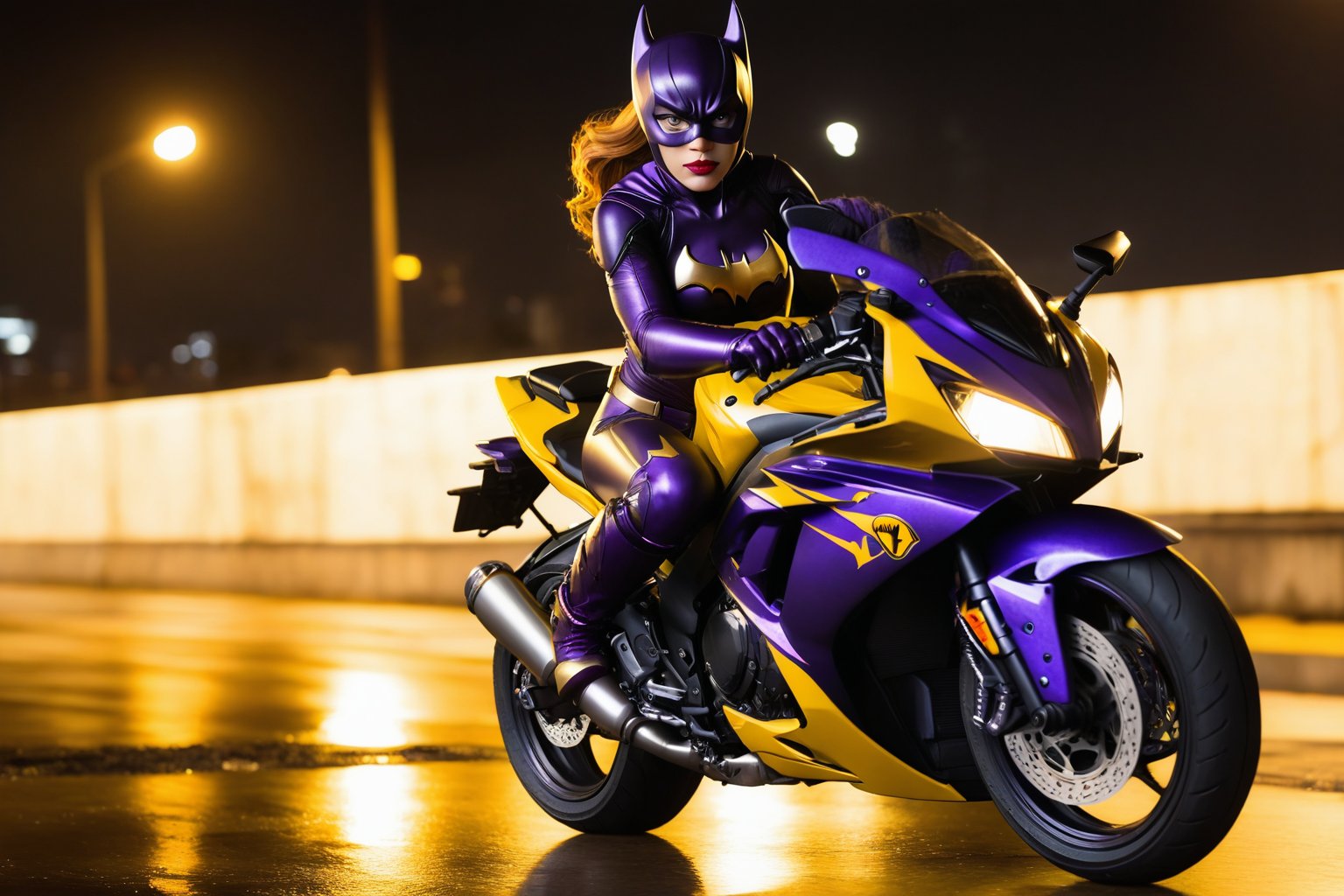 photorealism, canon 5d mk iv, 700mm, It's a beautiful night in Gotham City. Batgirl rides a fabulous purple and yellow Honda CBR1000F Hurricane.