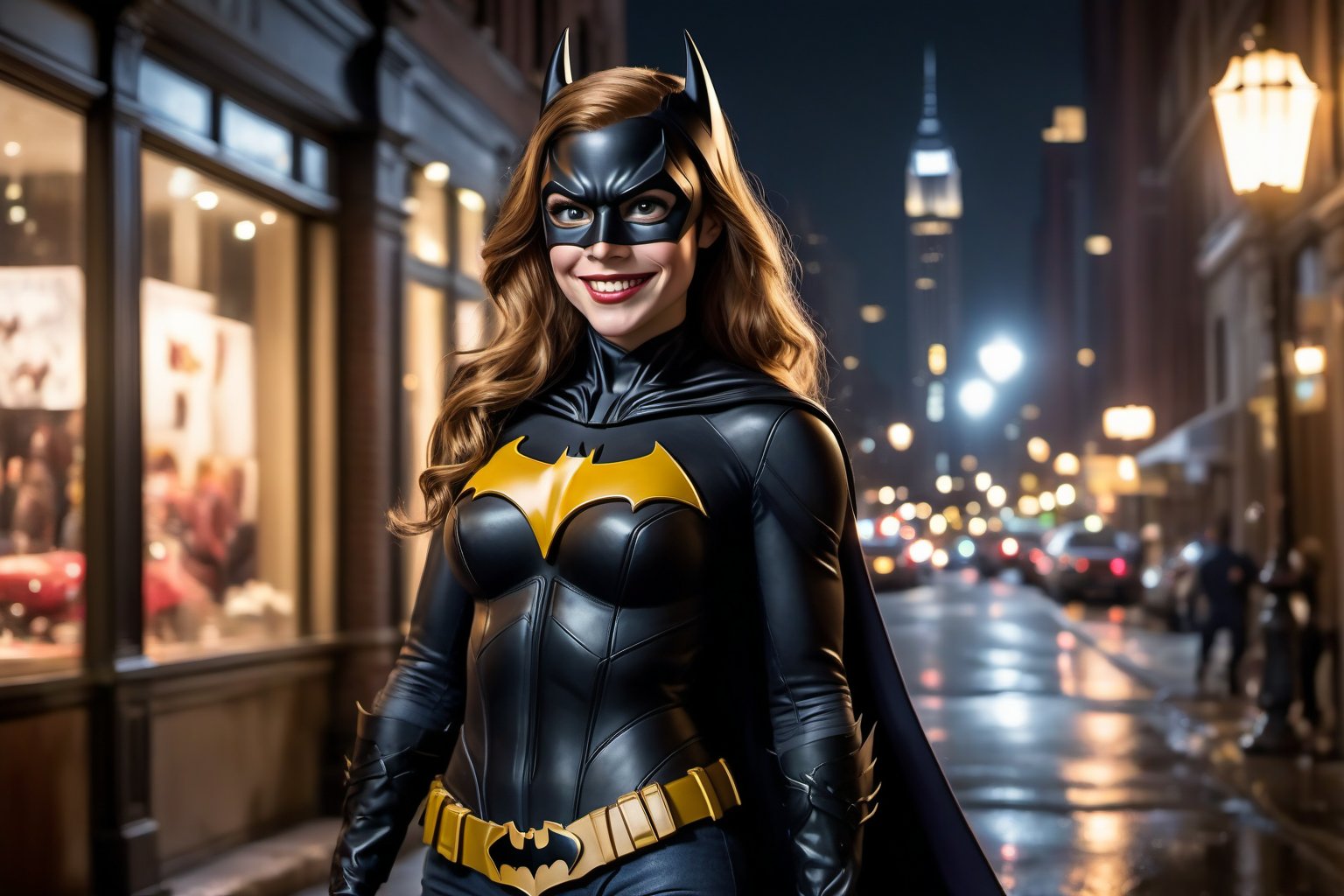 photorealism, canon 5d mk iv, 700mm, full body shot. It's a beautiful night in Gotham City. Smiling Batgirl goes window shopping. There are cars on the street, people strolling on the sidewalk. 