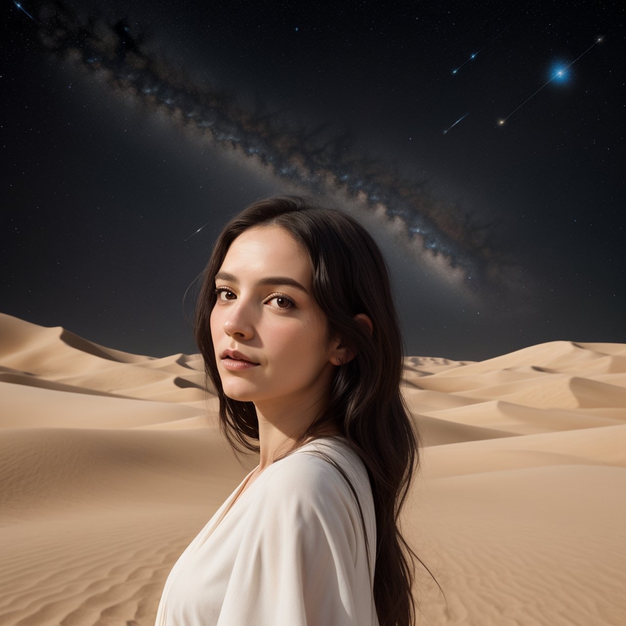 Portrait of the dark haired Greek goddess Andromeda flying in the Desert wearing a flowing garment. 3/4 view. Include the constellation, Andromeda. The feeling should be we inspiring and impressive. Perfect, symetrical face.

