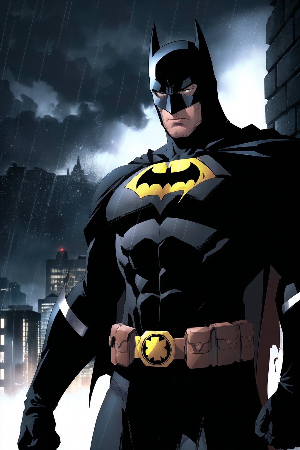 comic book style, batman, 1boy, dark scene, cowboy shot of batman, athletic, white eyes, no pupils, night city, mist, particles, male focus, mask, muscular, muscular male, ragged and torn cape, night, outdoors, rain, serious, dark armosphere, detailed background