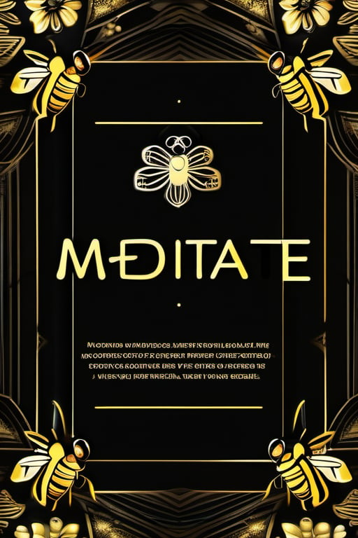 a black and gold background with the text meditate at the middle of the image. Also decorate the corners of the image with bees and flowers. The text meditate should be highly visible at the center of the image. The image at the center should be a tiny christian cross instead of someone meditating. The words at the bottom should be Everything is possible
