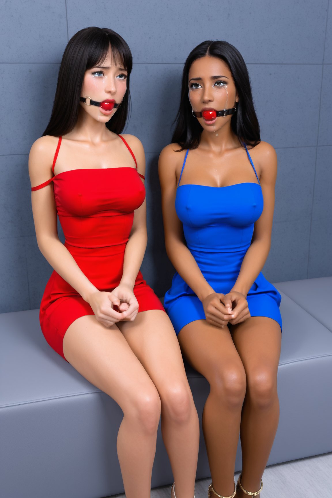  two college age women, sitting, wearing (((mini dress))),gagged , ballgag, hands tied, crying