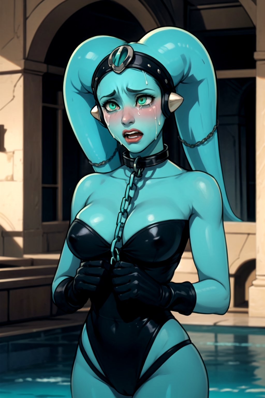 masterpiece, 1girl, colored skin, (turquoise skin:1.3), amber eyes,  indoors, jabbas palace's slave dungeon, twi'lek, twilek, lekku, headgear,twilek, slave collar, black gloves, one-piece black swimsuit, monster girl, sad crying girl, face in tears, supermodel face, hands in chains, a chain  leash attached to a collar