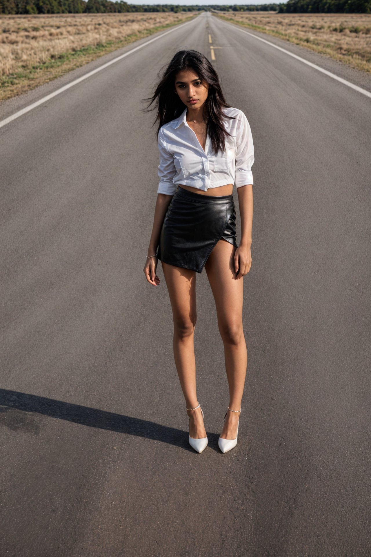 RAW photo, (full body shot), zoom on body, portrait photo of a 20 y.o beautiful Telugu model  city girl, black heels and stockings, black sexy mini leather skirt, a sexy unbuttoned satin white shirt, standing with lack of confidence on the side of an empty road next to a broken car, shy girl, natural skin, midday, side of an empty american country road, daylight, 8k uhd, high quality, film grain, Fujifilm XT3