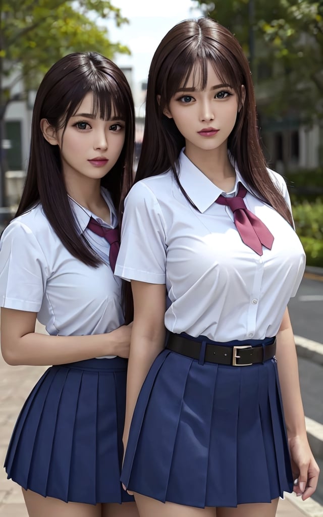 (best quality, masterpiece, RAW photo, ultra-detailed: 1.2), realistic and detailed face, beautiful, big breasts, nipple showing on the blouse, looking at the viewer, multipleGirlsGroup_v10:0.5, Harem, multiple girls, 3 girls, line-up, (school uniform, serafuku, pleated skirt, skirt, thigh), detailed panties, gart belt, stopped in the viewport, add_detail:0.4