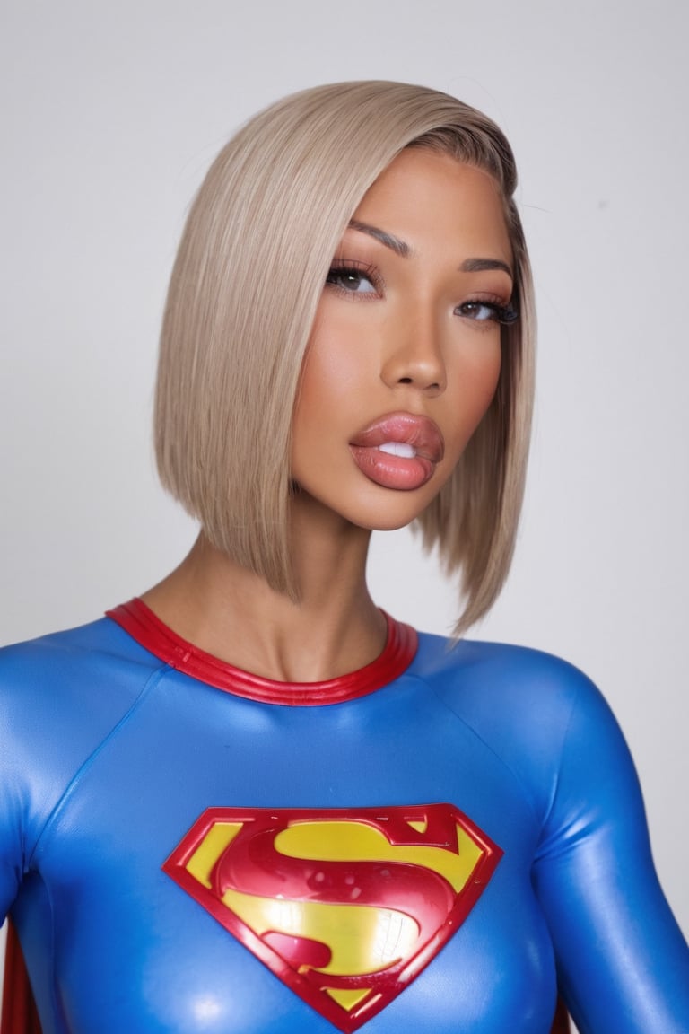 1girl, solo, full lips, glossy lips,  Hernisha's face, sleek bob hair, Hernisha's body, SuperGirl costume , tiny waist, simple background