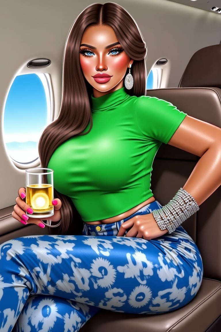 1Girl, vu art , a woman seated inside a private jet. She is dressed in a vibrant green sleeveled top with a turtle neck and blue and white patterned pants, accessorized with a large silver bracelet and earrings. She holds a clear glass with a drink , and there's a light The interior of the jet is clean and well-lit, with a circular window that offers a view of the sky. The woman's pose is relaxed, with one leg crossed over the other, Vu art