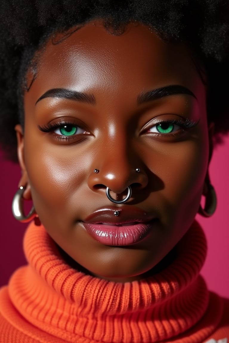 A majestic shot: a close-up on an African American woman's radiant face, her vibrant turtleneck sweater subtly framing her features. The warm lighting accentuates her striking visage, emerald-green eyes gleaming with a hint of purple undertones as she pierces the lens with unwavering intensity. A silver nose ring adds a rebellious touch to her enigmatic expression, full lips glistening with lip gloss and punctuated by another silver piercing on both her lips and cheeks, seeming an extension of her unapologetic personality as she meets the camera's eye.