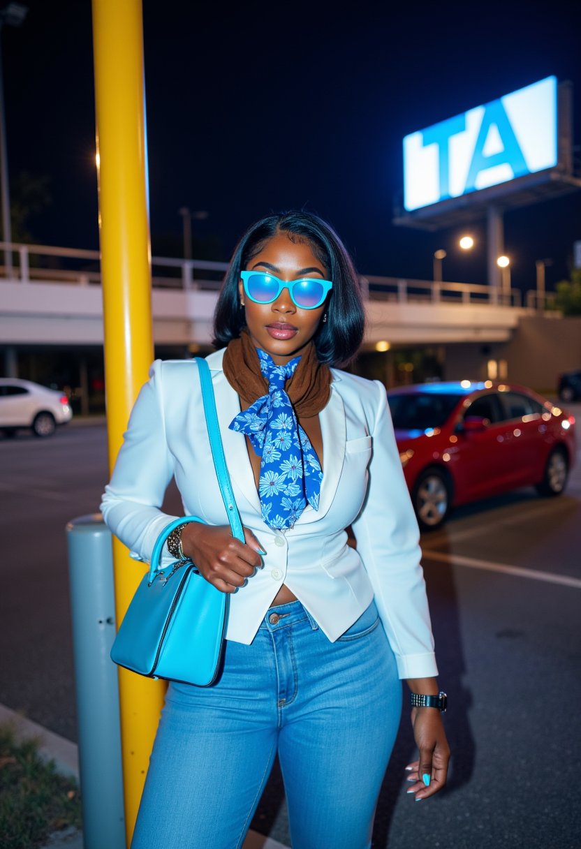 eye-level, a medium-sized African-American woman, dressed in a white button-down long-sleeved shirt, adorned with a blue floral necktie adorned with blue flower prints . She is holding a blue purse, her sleek bob hair cascades over her shoulders, adding a pop of color to her face. She's wearing a brown scarf, and a pair of aidmaGlow illuminated rainbow colored reflective sun glasses. The woman's hair is pulled back in a ponytail, and her glossy thick lips are pursed. She stands in front of a yellow metal pole, which casts a shadow on the left side of the frame. In the background, a white bridge stretches over a parking lot, with a red car parked in the parking lot. To the right of the bridge, a large white billboard with the word "TA" written on it is visible.
the setting is at night and glowing sparkle dust are visible 