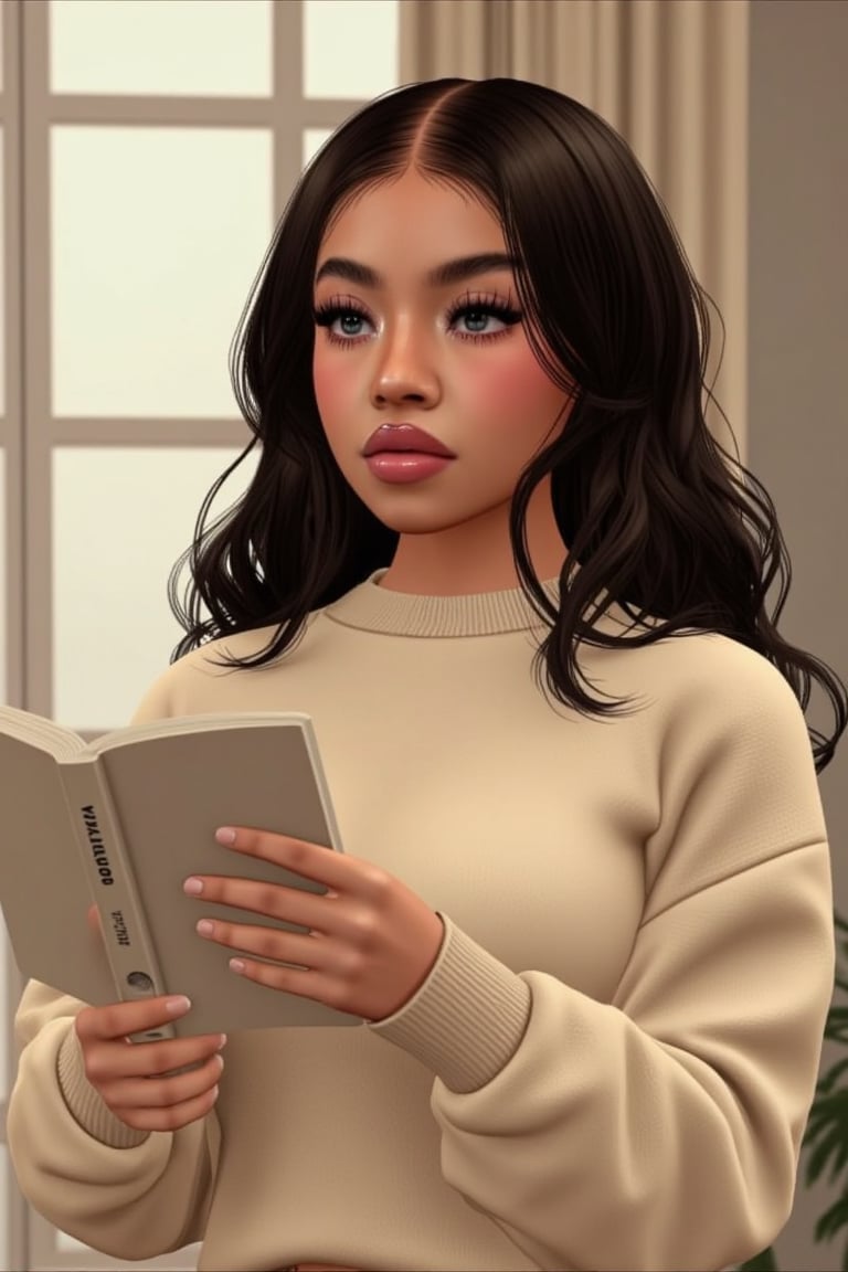 vu style, a digital rendering of sydney sw33ny engaged in reading a book. She is dressed in a cream-colored sweater with long sleeves, which suggests a casual yet comfortable attire suitable for indoor activities like reading. Her hair is styled in loose waves, adding a relaxed feel to her appearance. The book she holds appears to have a light cover, possibly indicating that it's a novel or non-fiction work meant for leisurely reading. The setting is indoors, likely a room within a house, given the presence of window panes and curtains,FLUX comics style