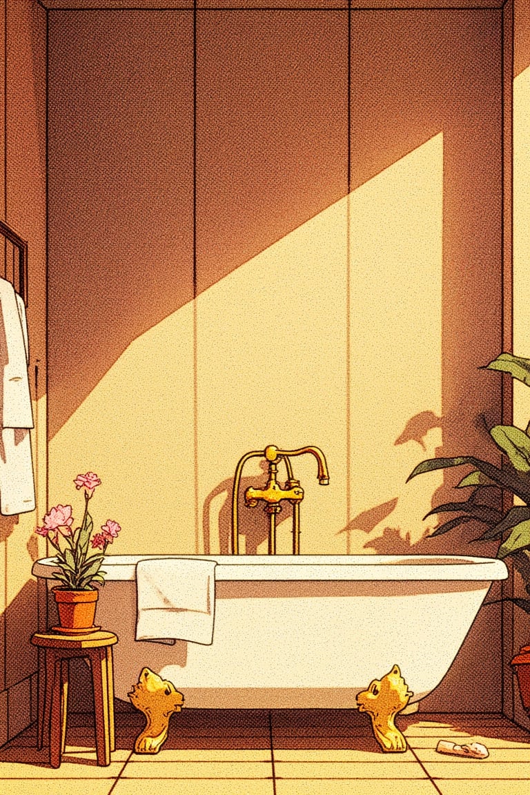 A retro anime detailed, interior shot of a bathroom. The main subject is a freestanding bathtub with a gold faucet, set against a beige wall. To the left, there's a towel hanging on a gold towel bar, and a small wooden stool with a potted beautiful plant flower on top. The floor is adorned with square, beige tiles. The overall color palette is warm, dominated by beige, gold, and brown tones, creating a cozy and inviting atmosphere.