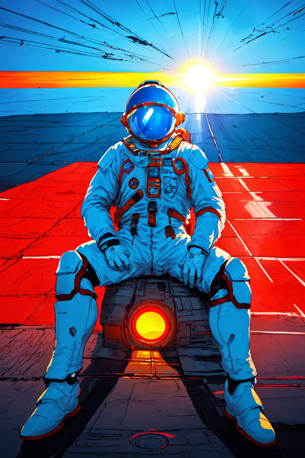 A lone astronaut, blue space helmet, dressed in a worn white spacesuit, sits atop a sleek black car, parked on a desolate stretch of asphalt. The sun beats down, casting a warm glow over the scene. The astronaut's helmet is tipped back, revealing a hint of exhaustion, as they gaze out at the endless horizon.