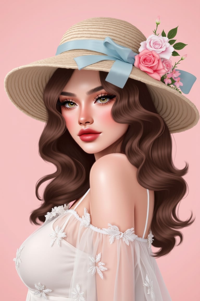 1Girl, vu art , a soft pink background. She wears a wide-brimmed hat adorned with lace and a pastel blue ribbon, complemented by a floral arrangement in shades of pink and green. Her curly hair cascades around her face, and she dons a sheer white dress with delicate floral embroidery. The woman's makeup is subtle, with a focus on her eyes and lips, which are accentuated with a deep red lipstick. The overall style of ethereal and dreamy, evoking a sense of elegance and sophistication.. Vu art