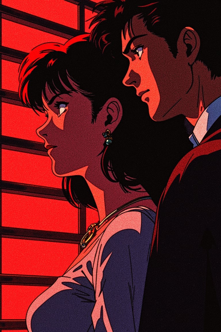 a retro anime of a dramatic, nocturnal scene featuring a woman and a man. The woman, positioned centrally, is captured in a side profile, her face partially obscured by horizontal blinds. She is adorned with a necklace and earrings, and her hair cascades down her back. The man, partially visible on the right, is dressed in a dark suit, and he appears to be in a state of contemplation or surprise. The background is dominated by a deep red hue, which contrasts sharply with the darker tones of the subjects. The blinds are black, creating a stark contrast with the lighter background. The overall mood of intense and evocative, suggesting a moment of tension or suspense.