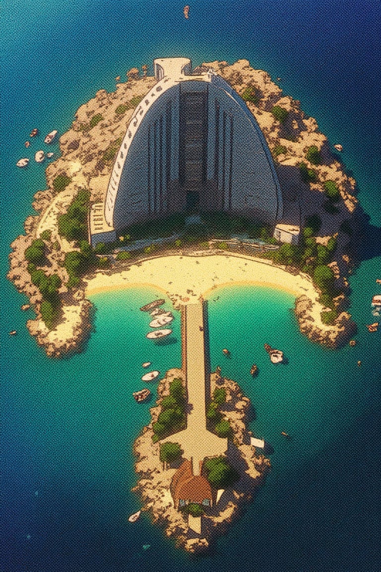 a retro anime Aerial view of a luxurious hotel situated on a small island surrounded by turquoise waters. The hotel, with its distinctive arched design, stands tall against the backdrop of the sea. The surrounding area features a sandy beach with numerous boats anchored, and a winding road cuts through the water. the opulence and tranquility of the location.