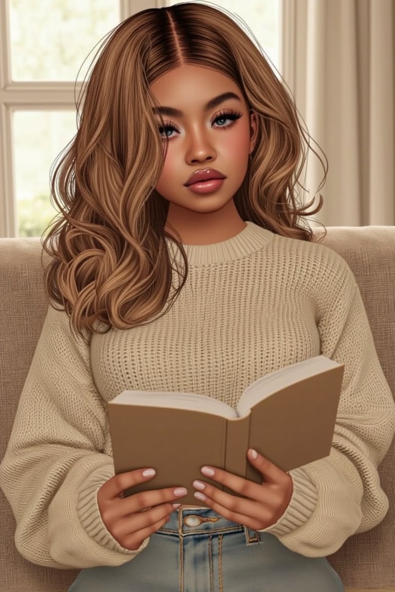 vu style, a digital rendering of sydney sw33ny engaged in reading a book. She is dressed in a cream-colored sweater with long sleeves, which suggests a casual yet comfortable attire suitable for indoor activities like reading. Her hair is styled in loose waves, adding a relaxed feel to her appearance. The book she holds appears to have a light cover, possibly indicating that it's a novel or non-fiction work meant for leisurely reading. The setting is indoors, likely a room within a house, given the presence of window panes and curtains,FLUX comics style