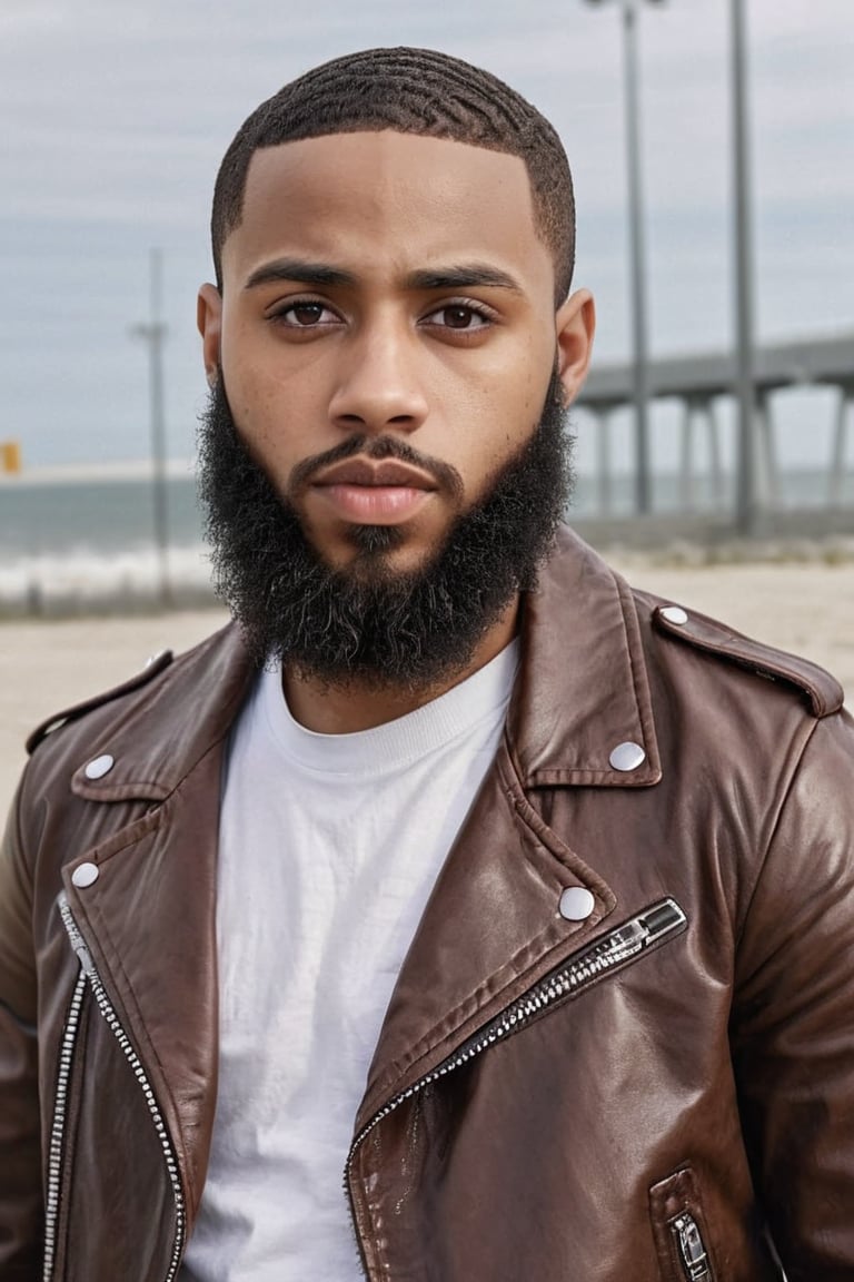 1boy, African American, spotting wave hairstyle, hazel brown eyes, really brown skin , wearing a leather jacket, full beards, extremely realistic , 35mm photograph, film, professional, 4k, highly detailed , BBM