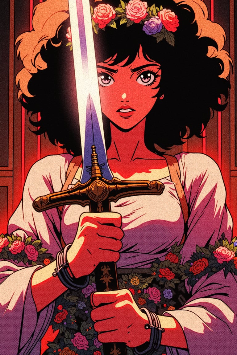 A retro anime scene unfolds: a ravishing young woman with an afro proudly holds a gleaming sword, her piercing grey eyes locked onto the viewer as she flashes a sly smirk. Her luscious lips glisten with a subtle shine, framing her striking features. A vibrant flower dress wraps around her, petals and flowers bursting forth in a kaleidoscope of colors. The dark amber-hued background serves as a majestic backdrop, softly lit to accentuate every detail. A delicate crown crafted from flowers and grain adorns her head, adding an air of whimsy. The sword, reflecting the flamboyant glow of nearby neon lights, casts an otherworldly sheen. As if bound by an unseen force, handcuffs and shackles encircle her wrists, subtly hinting at a narrative of empowerment. The entire image is bathed in a warm, gentle light, with a subtle reddish tint and pink highlights, imbuing the scene with a sense of fiery passion and quiet confidence.