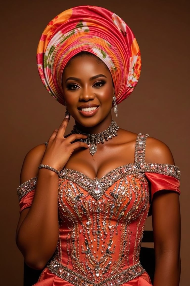 A upclose portrait of an African woman with slight parted lips reveal her vampire fang 3, She is adorned in a vibrant African Diamond colored dress , Gothic choker with an intricate beadwork and sequins. The dress features an off-the-shoulder design, and she wears a matching African head wrap with a floral pattern. Her pose is elegant, with one hand delicately touching her neck and the other resting on her hip. The background is a muted brown, which contrasts with the bright colors of her attire. The overall style of contemporary, with a focus on the subject's poised and graceful demeanor.