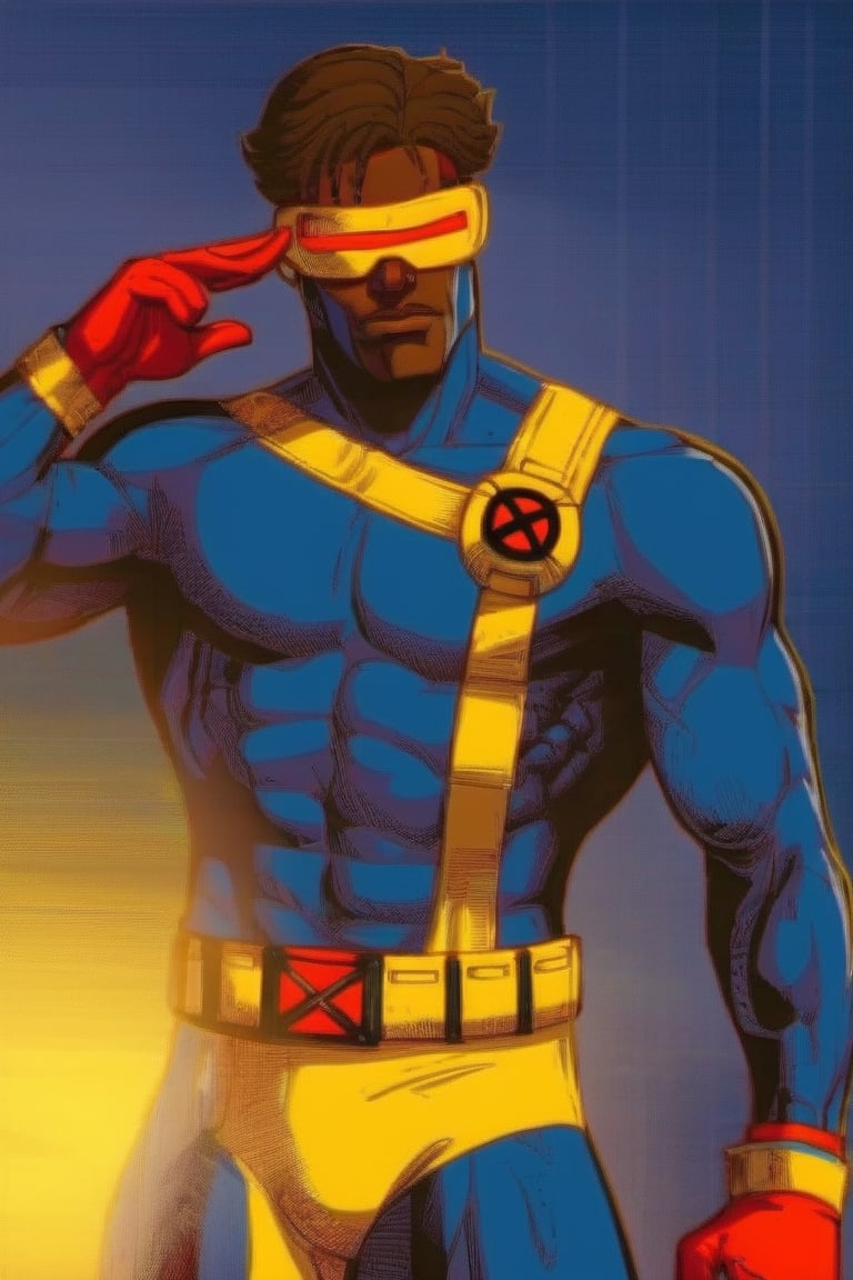 1guy, African American, visor mask, touching his visor mask,blue bodysuit , ((yellow belt, yellow gloves)), red neon background, looking at viewer, facing viewer,brown skin,X-CYCLOPS , TXM, 4 resolution 