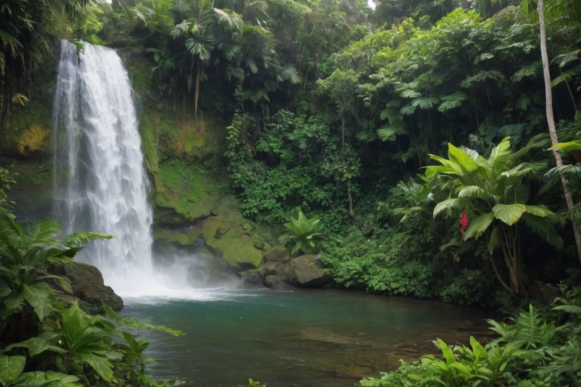 lush tropical waterfall surrounded by dense vegetation and vibrant flora