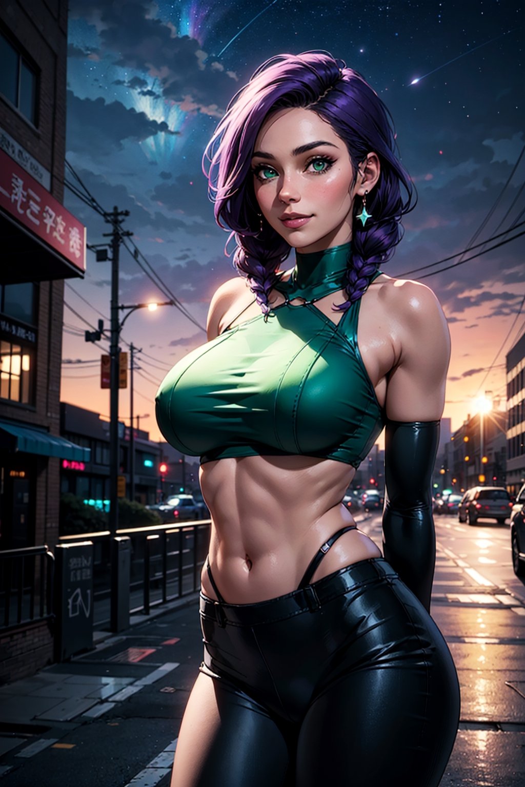 sole_female, green eyes, smiley, purple hair, braided hairstyle, skinny waist, giant breasts, huge hip, underboob cut tubetop, no_bottoms, award winning frontal photography, masterpiece, | (arms behind back), (detailed face:1.2), (detailed eyes:1.2), (detailed background), takeda hiromitsu style, high_school_girl, hourglass body shape, | sunset, bokeh, depth of field, | urban, street, City, | starry sky, vaporwave color scheme, (saturated colors:1.2), ,3DMM