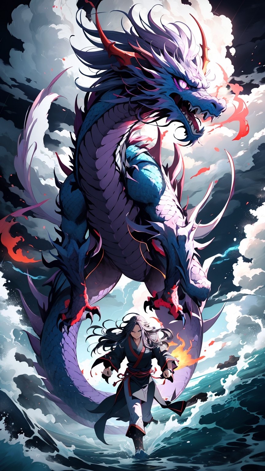 Hyperrealistic art BJ_Sacred_beast, flame ninetails Chinese dragon, A Valkyrie from Chinese martial arts, standing on the head of a dragon,purple eyes,flying, angry expression,full body,run,suspension,outdoors,night,fire,storm_sky,ocean,cloudy_sky,cinematic lighting,strong contrast,high level of detail,Best quality,masterpiece,, . Extremely high-resolution details, photographic, realism pushed to extreme, fine texture, incredibly lifelike, leggendary