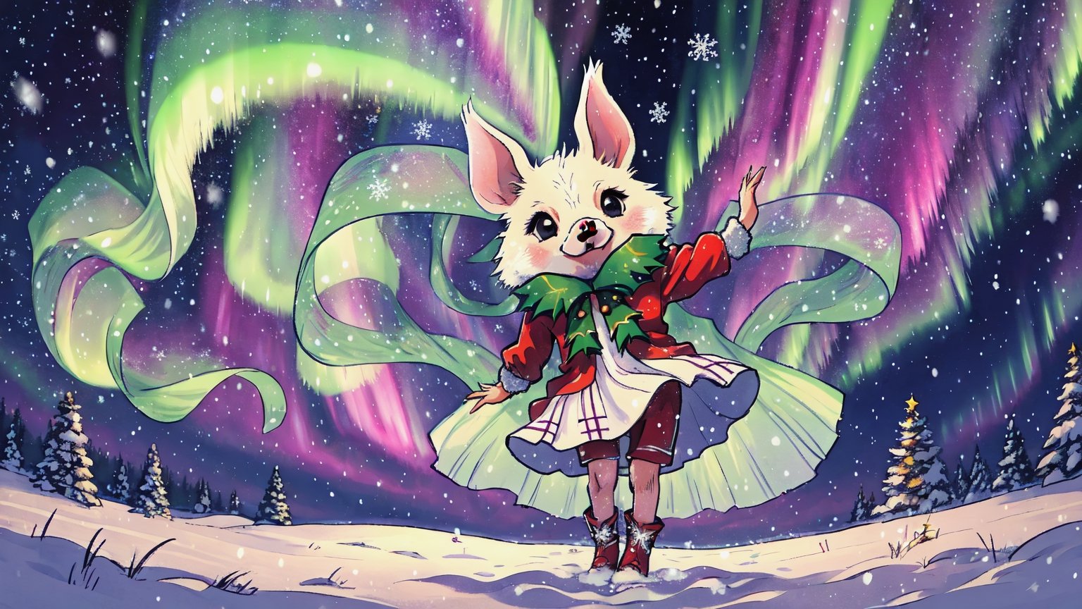 Christmas, a beautiful little princess pig wearing a Christmas outfit, standing on a snowy field, looking up at the beautiful Aurora Borealis dancing across the sky, enveloping her in a mesmerizing display of colors. 