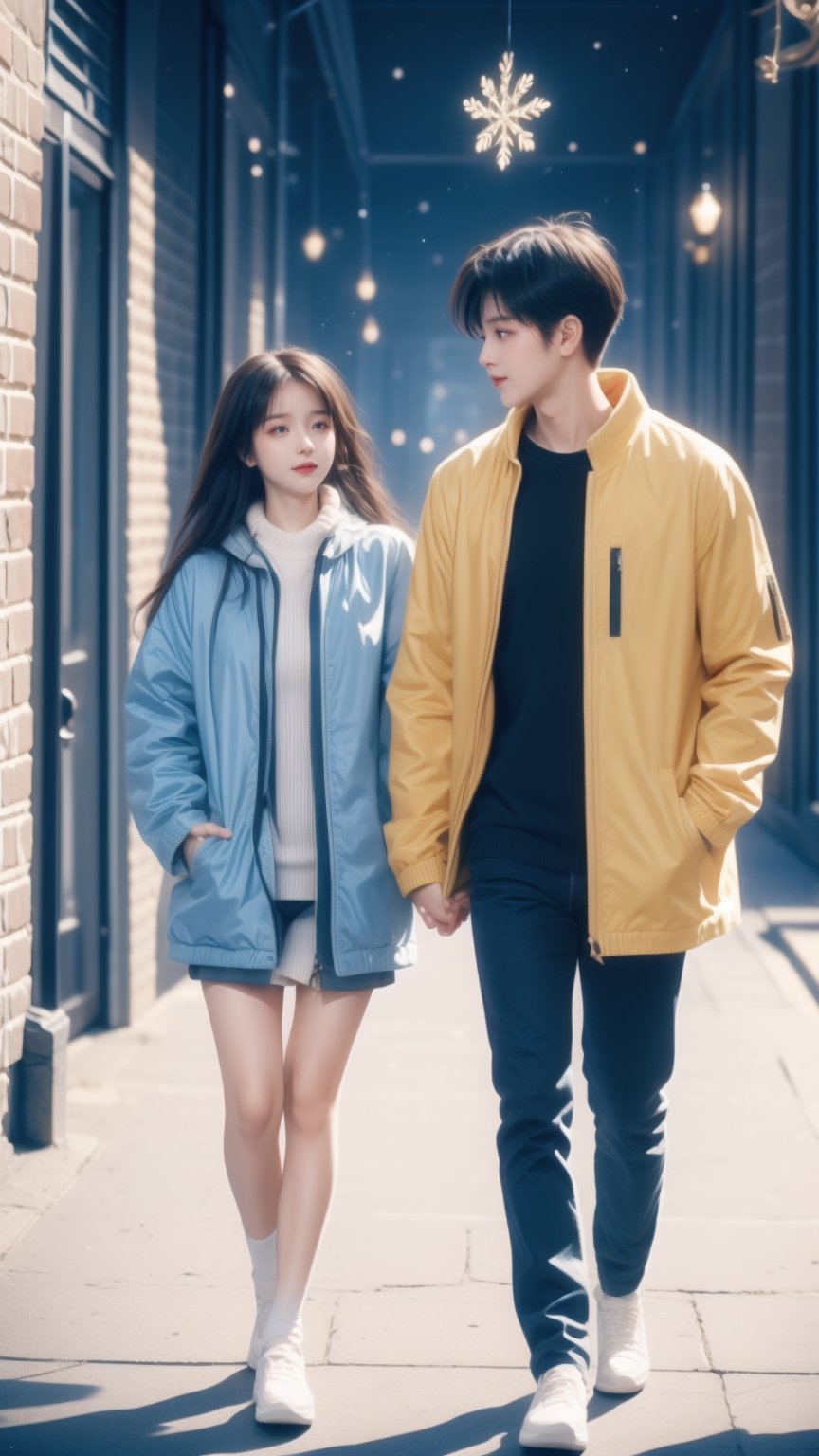 A couple holding hands in christmas, fan art, soft colors, girl with yellow jacket, boy with gray coat,DonMN30nChr1stGh0sts