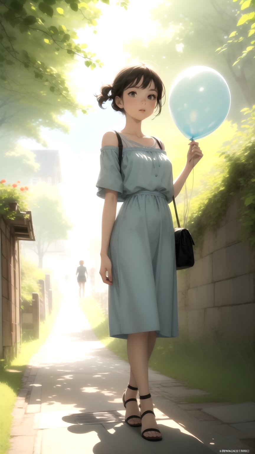 detailed, vibrant illustration of a girl holding a balloon, by Herge, in the style of Tin-Tin comics, vibrant colors, detailed, sunny day, attention to detail, 8k