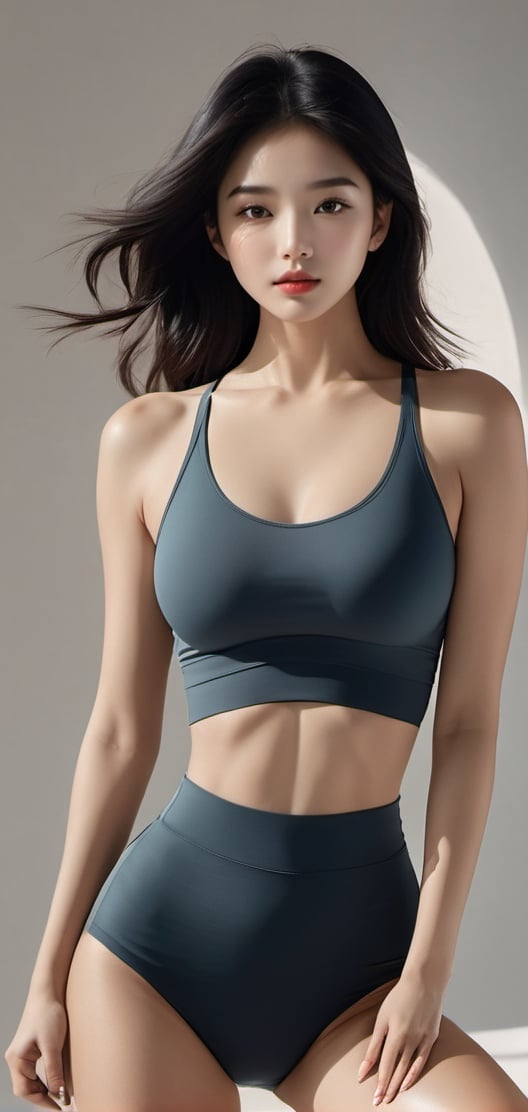 (((full body))),high quality,((best quality)),((masterpiece)), black hair,1girl, solo,Character in the center,image fill,perfect female curves, fitted yoga attire hugging every contour, serene and minimalist background, model captured in a graceful pose with precision and elegance,Slim waist, bubble butt, perfect body contours, exuding strength and flexibility, in a spacious and well-lit studio, lens capturing every subtle curve and muscle tone, composition highlighting the model’s figure and fluid movements, evoking a sense of tranquility and focus, in a style similar to Annie Leibovitz’s iconic fashion photography,The person is in the center of the picture.