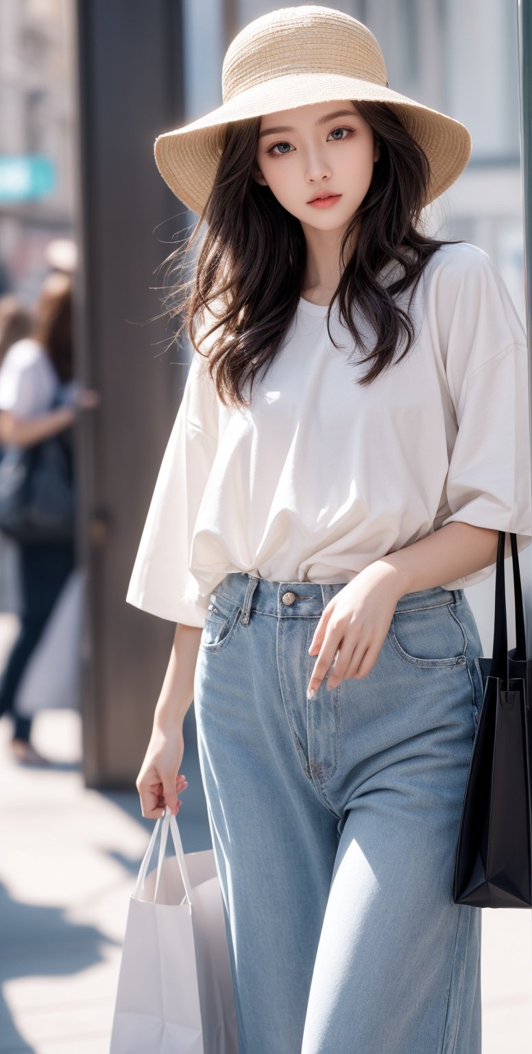 fashion week, photography, model with white curly hair, the girl has a refined face, big eyes, plump lips and a small nose, tall and thin, bright makeup, voluminous clothes, bright colors, casual clothes, cap, hat, shopper bag