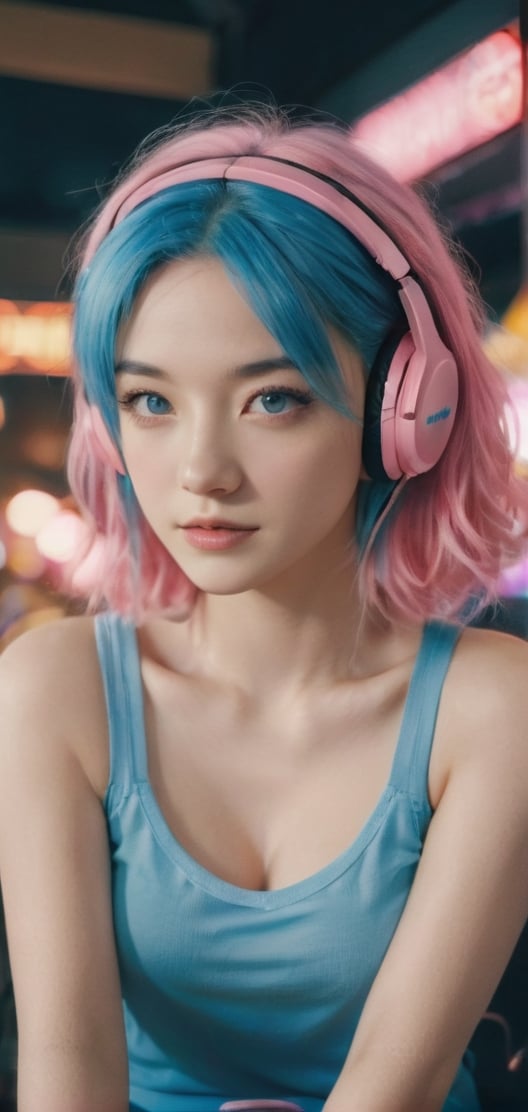 photography awards, masterpiece, blue hair, blue eyes, photorealistic, high resolution, soft light, pink t-shirt, 1women, solo, hips up, Gamer girl, Game center, arcade, shining skin, dynamic pose, bright, Game center background, high background detail, dim light, night, pink headphone