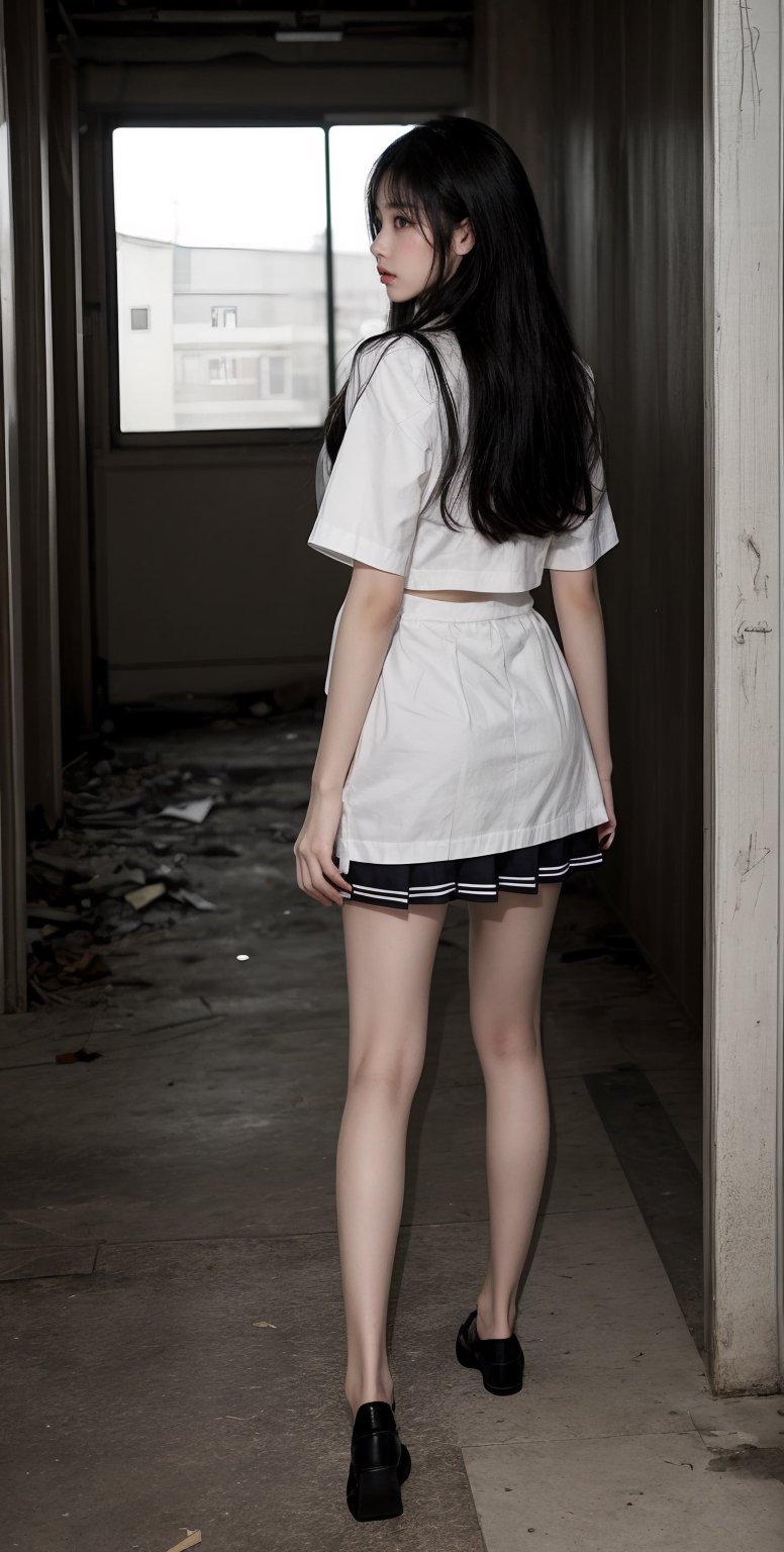 one girl, solo , full body,  lustful eye , model catwalk style walking foward sideway,  front view,  real girl,  18 years old Japanese girl , sailor black school girl uniform , Premium Women's Back Seam Thigh High, short skirt,,shy innocent face ,  in old abandoned clothing factory, black hair with highlighting,   visible skin detail, skin fuzz, glossy skin, natural_lighting , Detailedface,school uniform,YOYO,bra