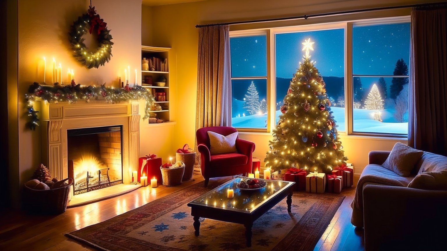 On this serene Christmas night, stars gently illuminate the sky, the fireplace diffuses a stable warmth, and the Christmas tree lights softly twinkle. The fragrance of gifts diffuses steadily, and the aroma of spices gently spreads. Outside the window, snowflakes fall steadily, and the laughter of family members is transmitted harmoniously. Soft music continues to play, blankets provide a comfortable embrace, and curtains sway gently in a stable rhythm. This Christmas night, a stable diffusion of warmth permeates the entire space.