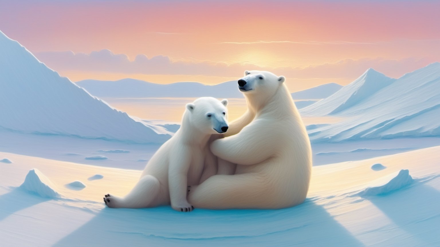 Christmas on the Arctic snowfield,happy polar bears cuddling, cute critters, by oliver jeffers