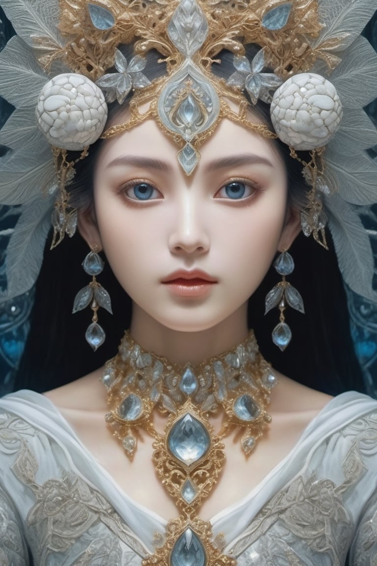 Grisaille art style, intricate Portrait of a beautiful woman with flowy hair wearing a brocade dress with translucent fractal glass elements, hyperdetailed face, hyperdetailed eyes, sharp focus on eyes, 8k UHD, work of beauty and inspiration, flowercore, crystal cluster jewelry, close-up 