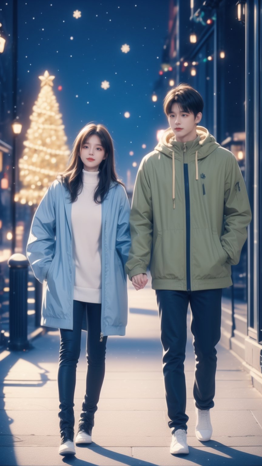 A couple holding hands in christmas, fan art, soft colors, girl with yellow jacket, boy with gray coat,DonMN30nChr1stGh0sts