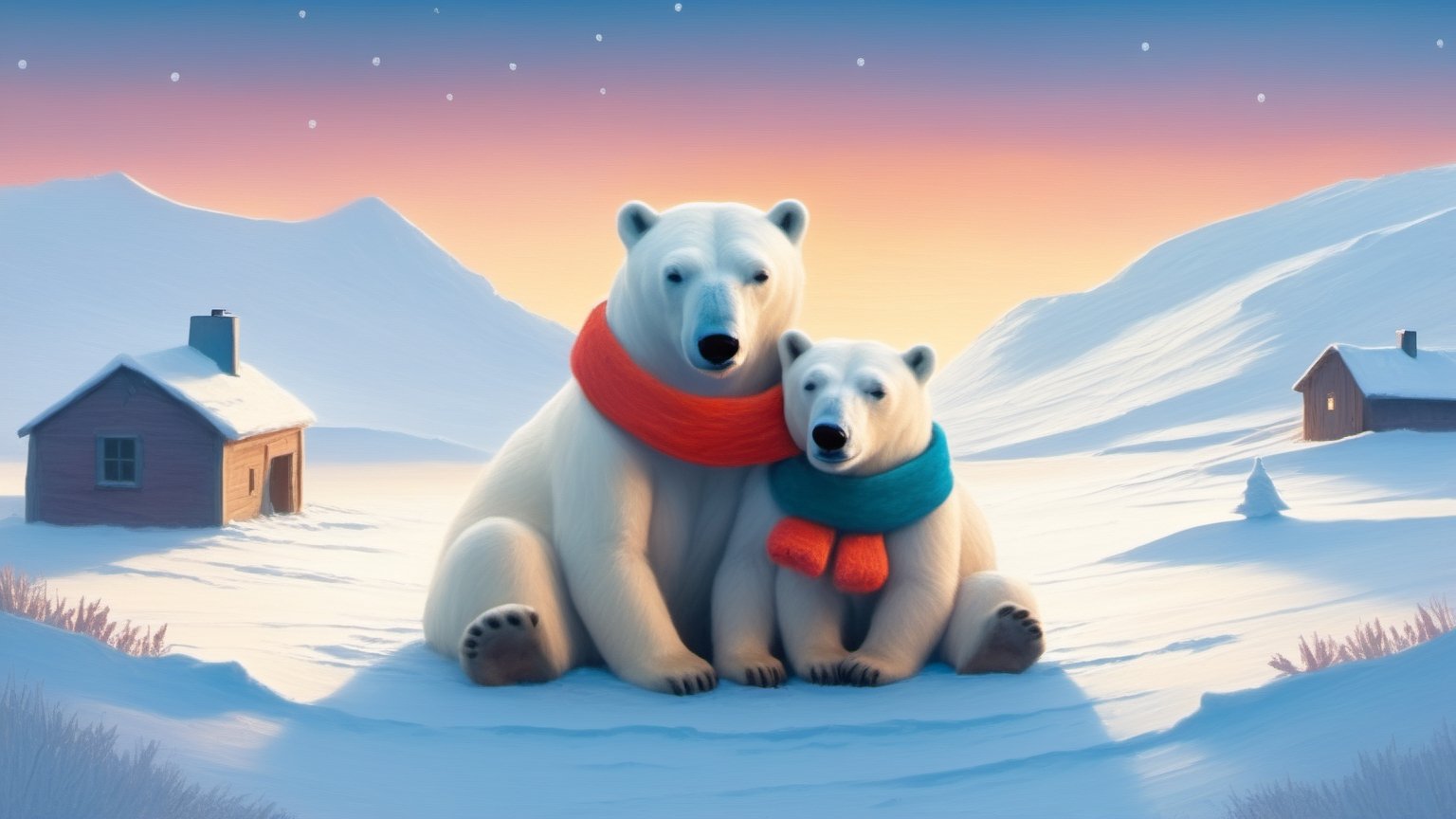 Christmas on the Arctic snowfield,happy polar bears cuddling, cute critters, by oliver jeffers