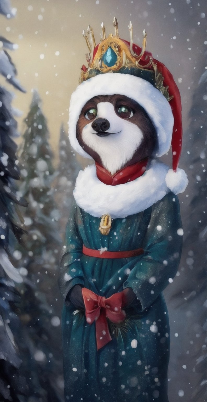 Cute lady sloth in dress and crown dressed in gown in cinematic environment,In the Christmas holiday, ultra high definition, warm and cozy, it's snowing outside