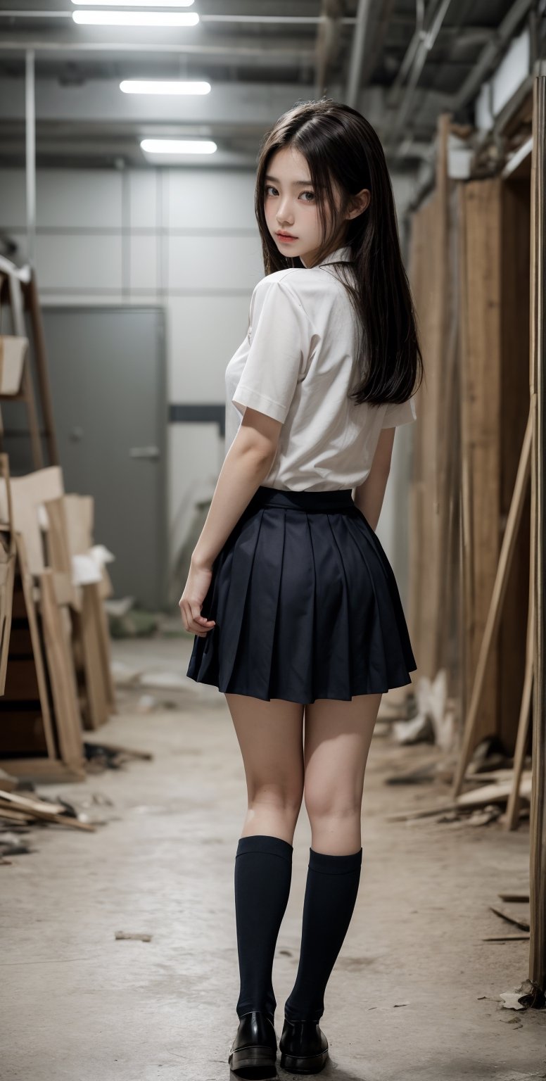 one girl, solo , full body,  lustful eye , model catwalk style walking foward sideway,  front view,  real girl,  18 years old Japanese girl , sailor black school girl uniform , Premium Women's Back Seam Thigh High, short skirt,,shy innocent face ,  in old abandoned clothing factory, black hair with highlighting,   visible skin detail, skin fuzz, glossy skin, natural_lighting , Detailedface,school uniform